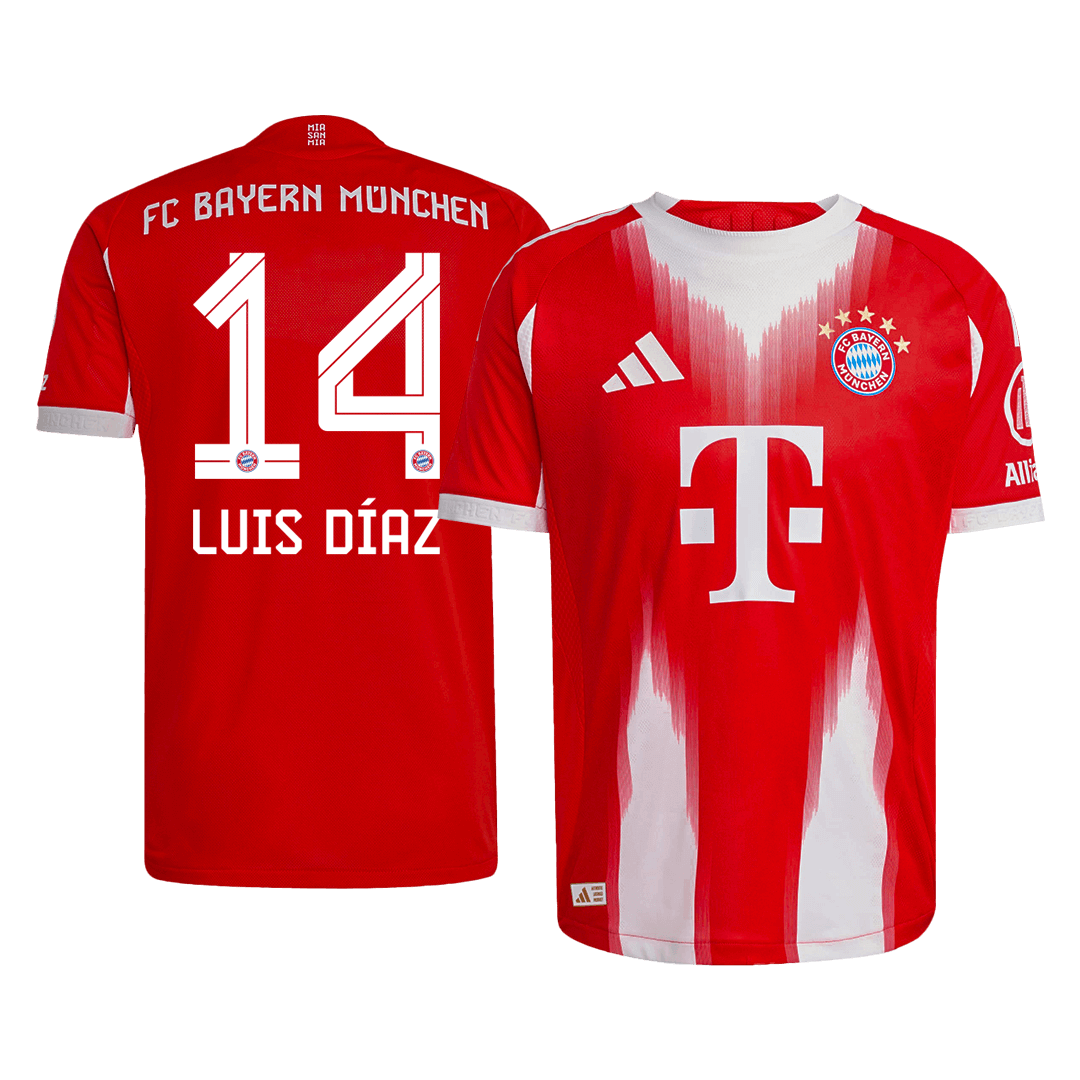 LUIS DÍAZ #14 Hiteles Bayern Munich Otthon Soccer Mez 2025/26 Piros