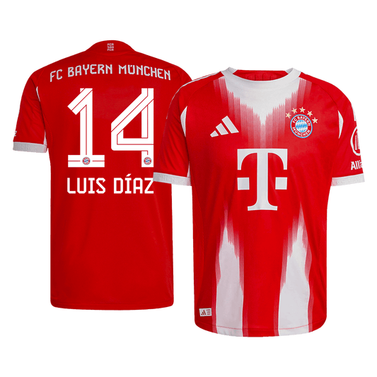 LUIS DÍAZ #14 Hiteles Bayern Munich Otthon Soccer Mez 2025/26 Piros