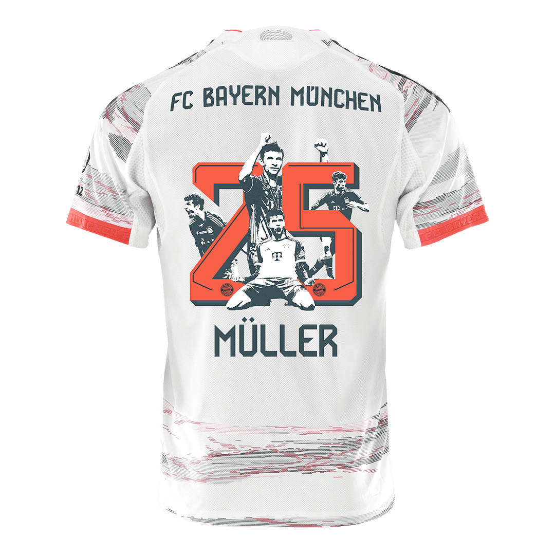 MÜLLER Special #25 Hiteles Bayern Munich Idegenbeli Soccer Mez 2025/26 Fehér