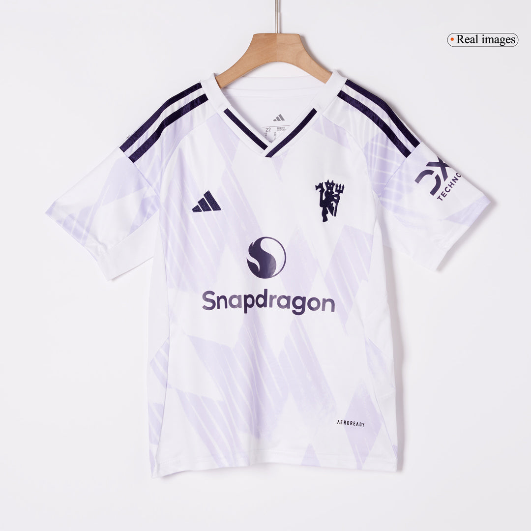 Gyerekek Manchester United Idegenbeli Soccer Mez Készlet(Mez+Rövidnadrág) 2025/26 Fehér