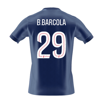 【Szuper Jó Minőségű】B.BARCOLA #29 PSG Otthon Soccer Mez 2025/26 Haditengerészet