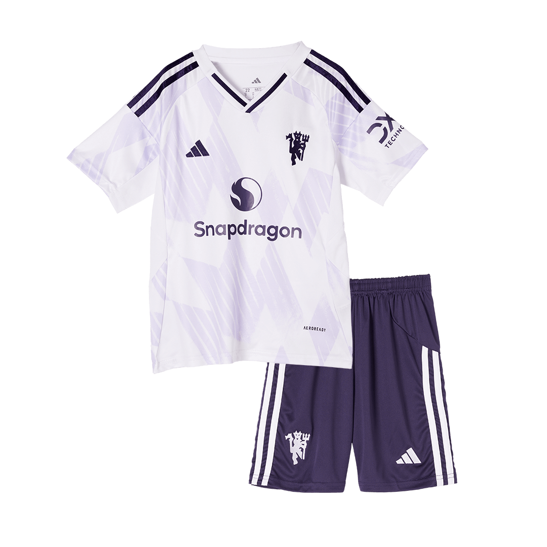 Gyerekek Manchester United Idegenbeli Soccer Mez Készlet(Mez+Rövidnadrág) 2025/26 Fehér