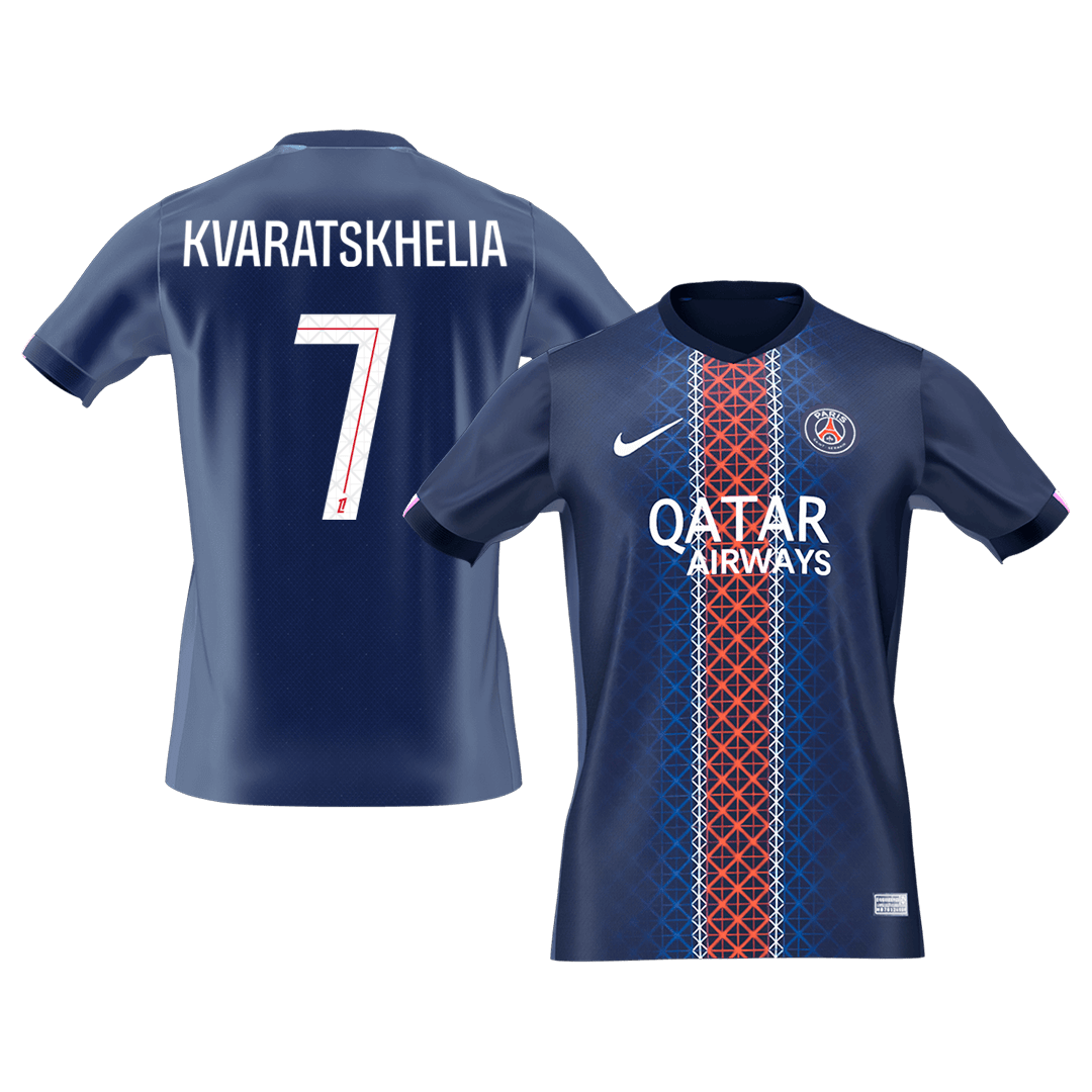 【Szuper Jó Minőségű】KVARATSKHELIA #7 PSG Otthon Soccer Mez 2025/26 Haditengerészet