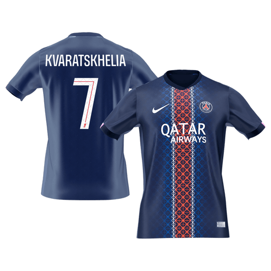 【Szuper Jó Minőségű】KVARATSKHELIA #7 PSG Otthon Soccer Mez 2025/26 Haditengerészet