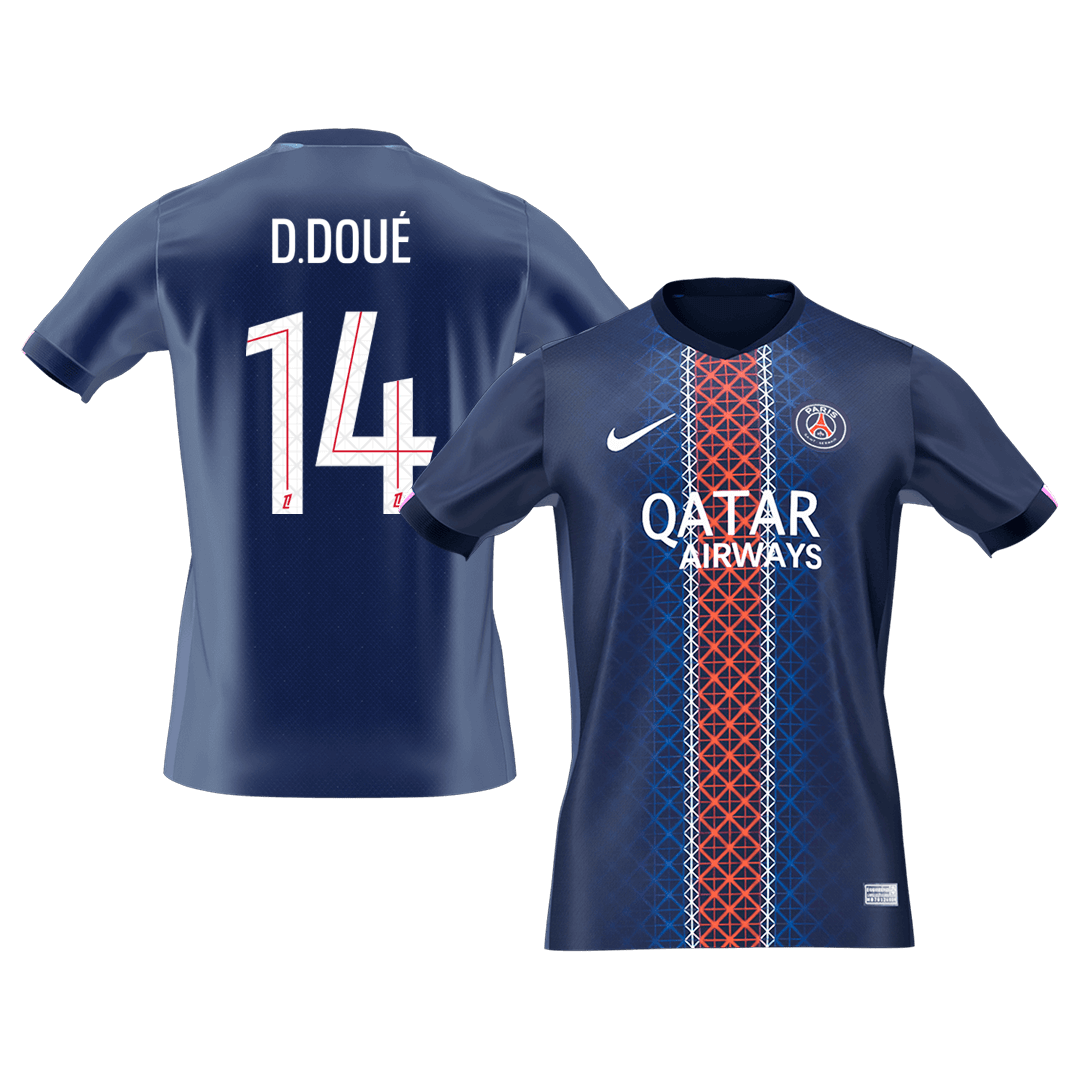 【Szuper Jó Minőségű】D.DOUÉ #14 PSG Otthon Soccer Mez 2025/26 Haditengerészet