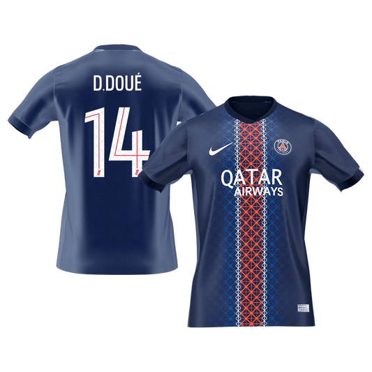【Szuper Jó Minőségű】D.DOUÉ #14 PSG Otthon Soccer Mez 2025/26 Haditengerészet