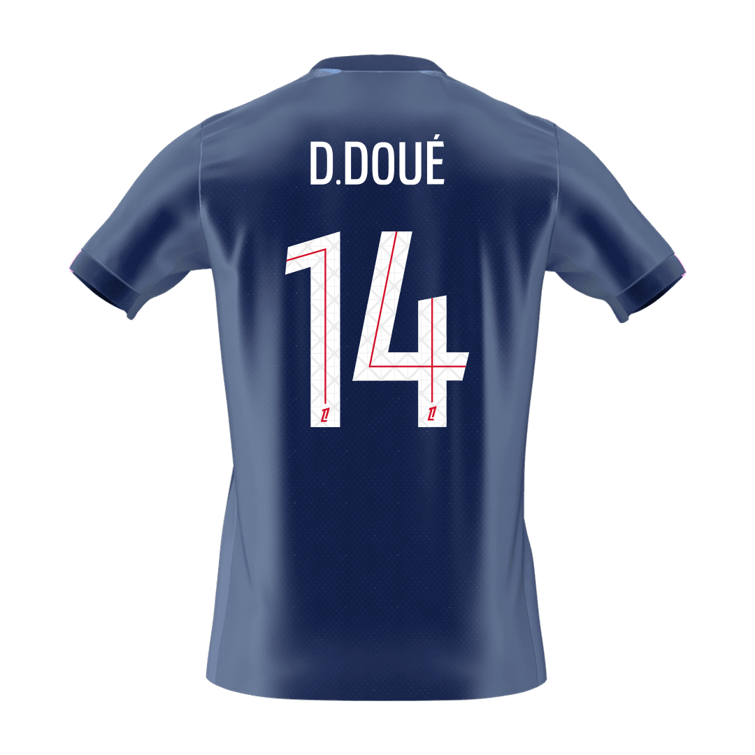 【Szuper Jó Minőségű】D.DOUÉ #14 PSG Otthon Soccer Mez 2025/26 Haditengerészet