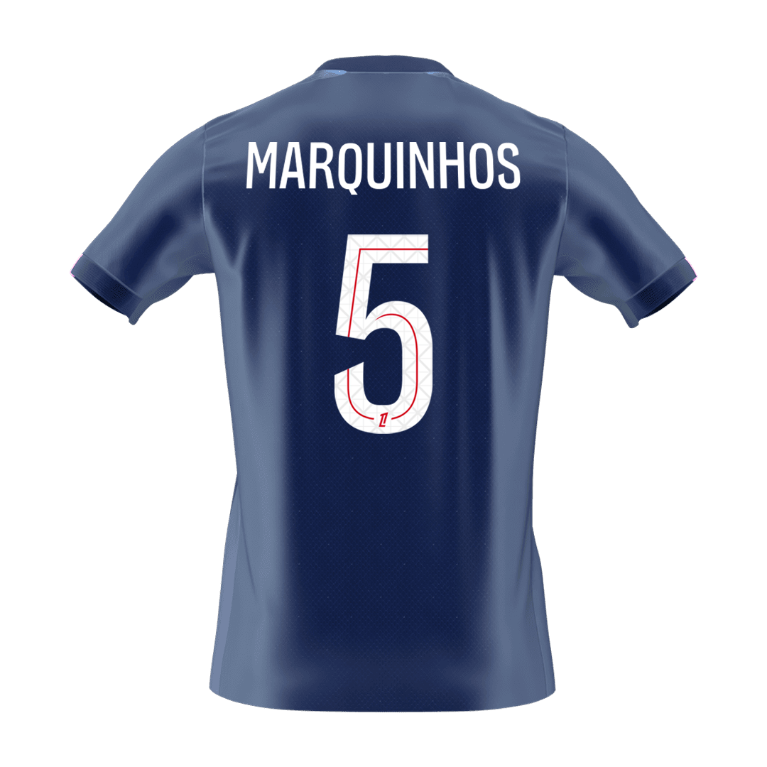 【Szuper Jó Minőségű】MARQUINHOS #5 PSG Otthon Soccer Mez 2025/26 Haditengerészet