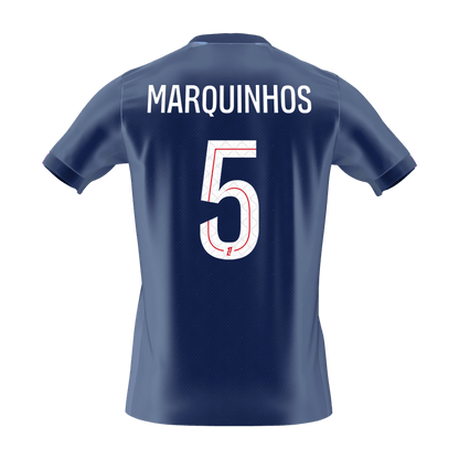 【Szuper Jó Minőségű】MARQUINHOS #5 PSG Otthon Soccer Mez 2025/26 Haditengerészet