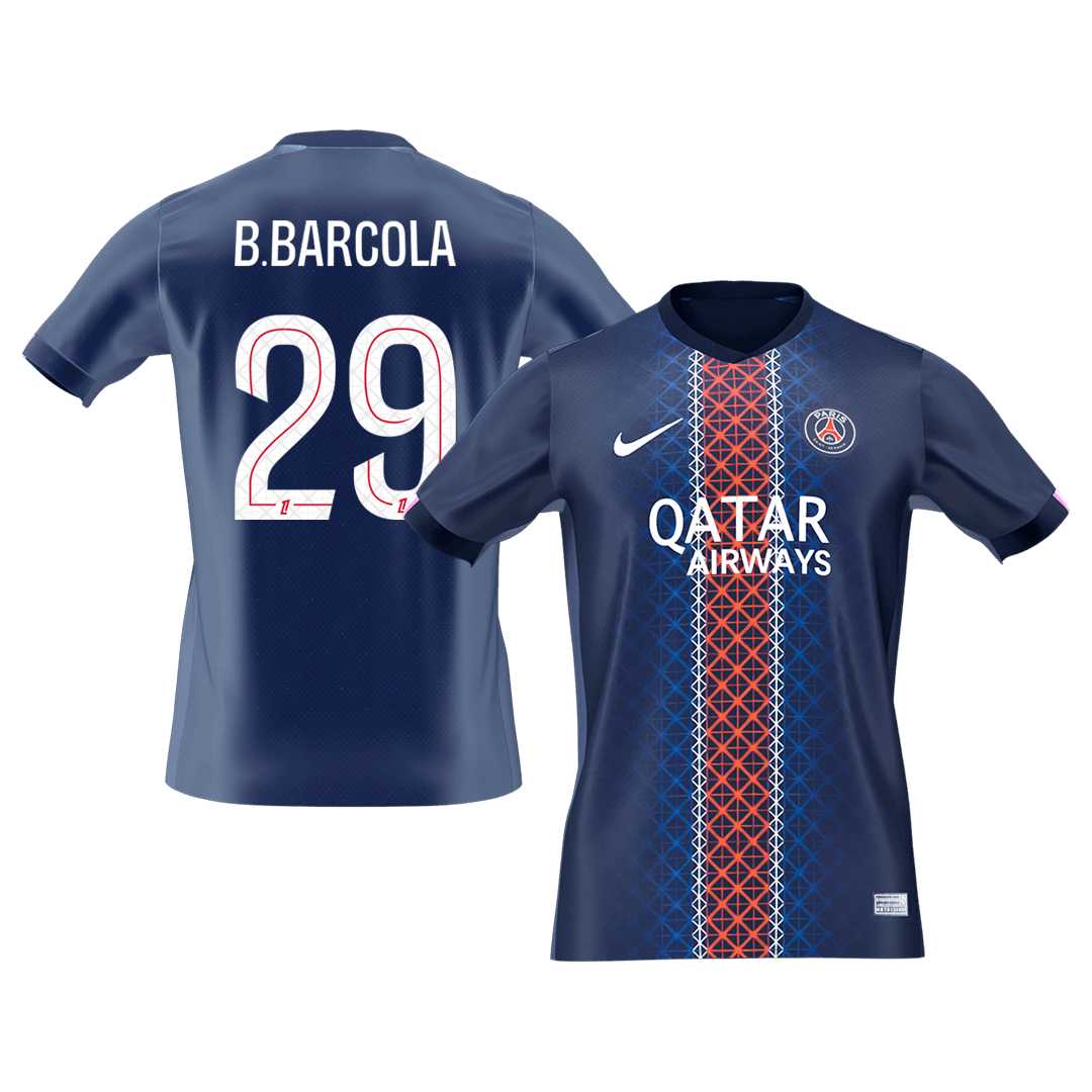 【Szuper Jó Minőségű】B.BARCOLA #29 PSG Otthon Soccer Mez 2025/26 Haditengerészet