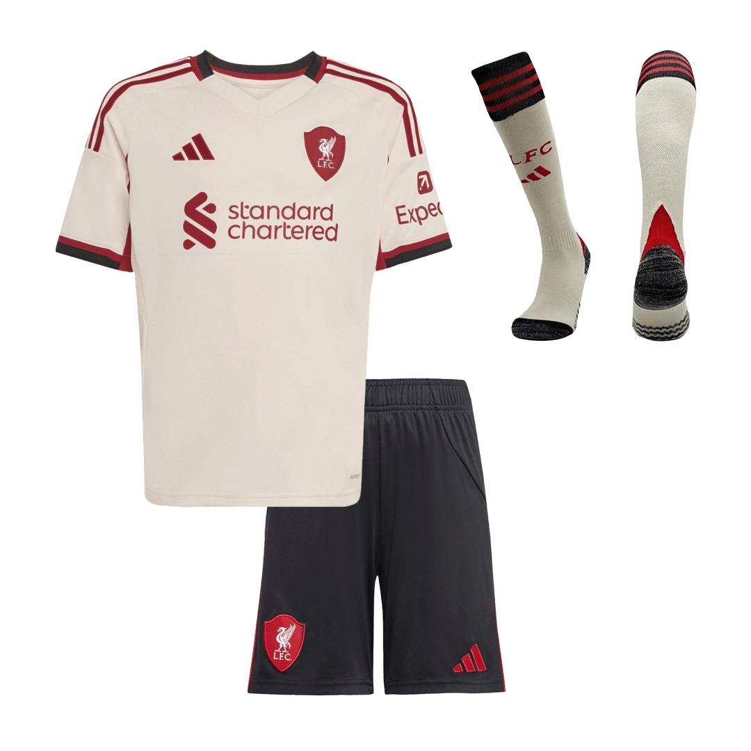 Gyerek Liverpool 
 Idegenbeli 
Mez 
Készlet (Mez + Nadrág + Zokni) 
2025/26 
 Fehér