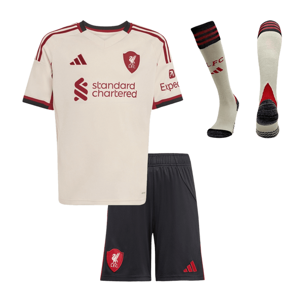 Gyerek Liverpool 
 Idegenbeli 
Mez 
Készlet (Mez + Nadrág + Zokni) 
2025/26 
 Fehér