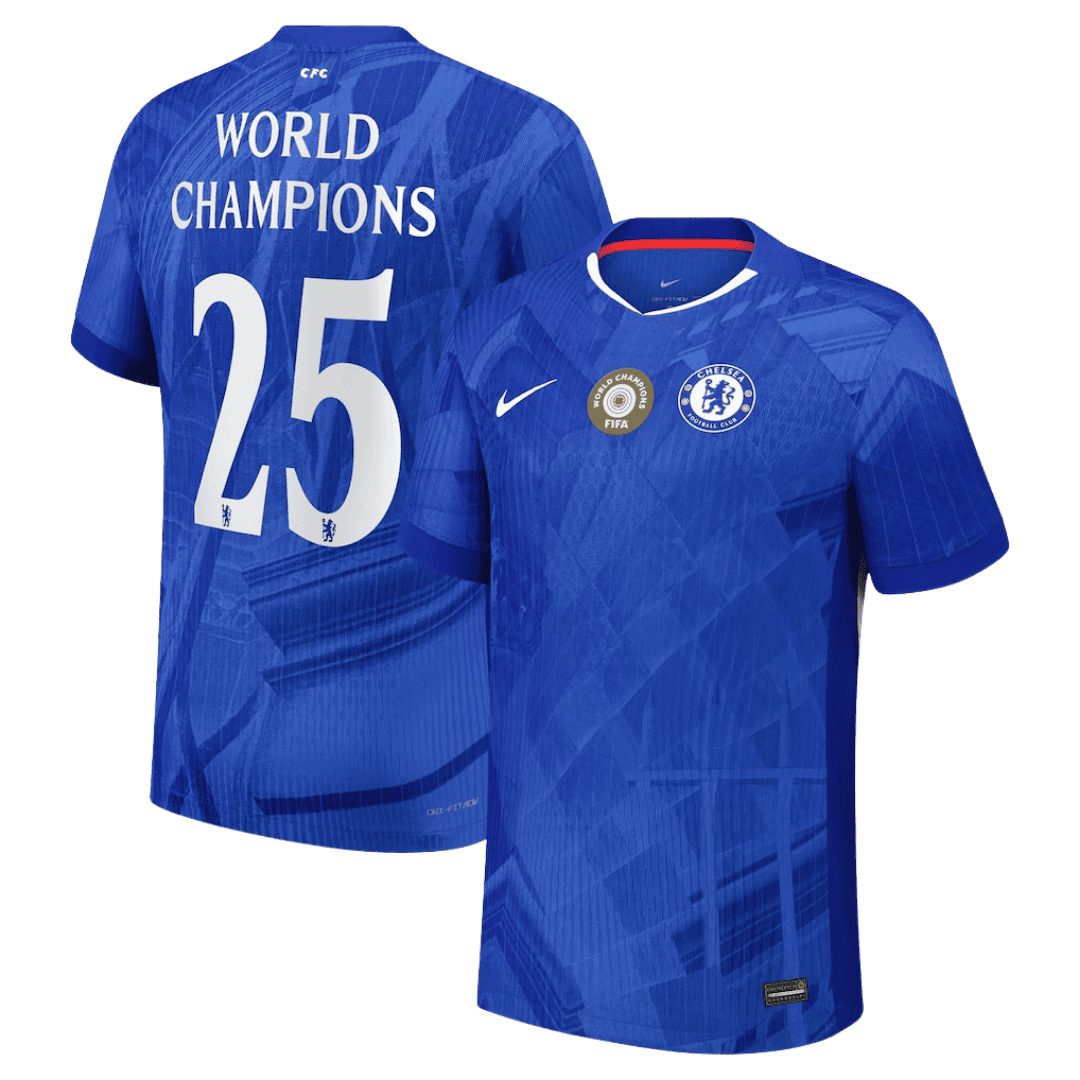 WORLD CHAMPIONS #25 Hiteles Chelsea Otthon Soccer Mez 2025/26 Kék - with chest badge