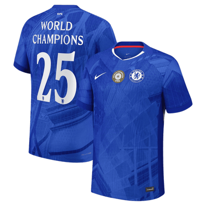 WORLD CHAMPIONS #25 Hiteles Chelsea Otthon Soccer Mez 2025/26 Kék - with chest badge