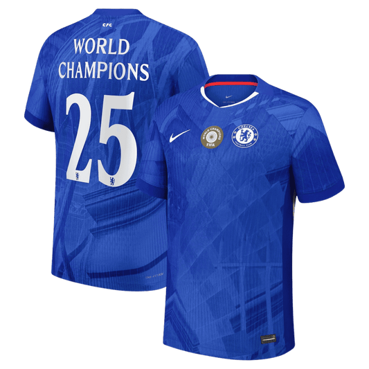 WORLD CHAMPIONS #25 Hiteles Chelsea Otthon Soccer Mez 2025/26 Kék - with chest badge