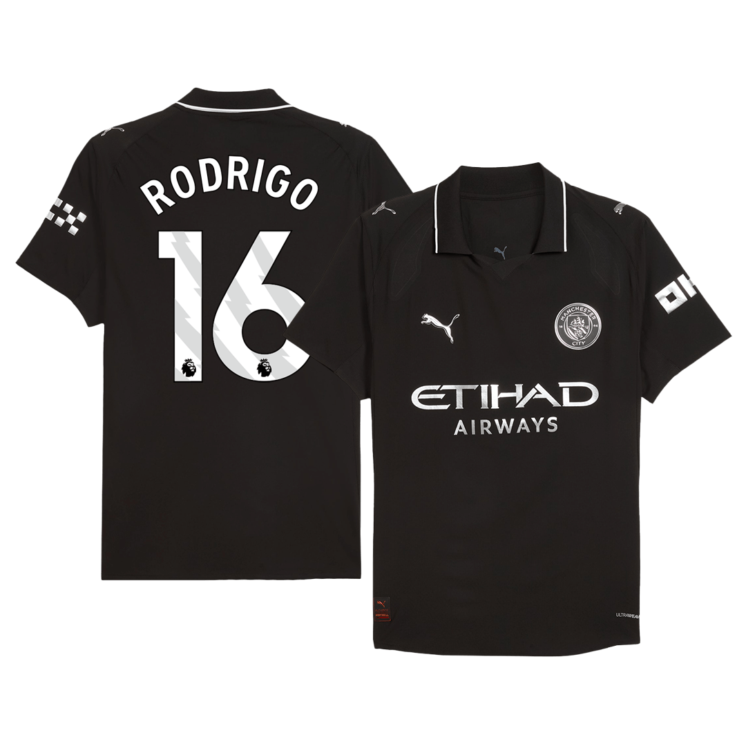 RODRIGO #16 Hiteles Manchester City Idegenbeli Soccer Mez 2025/26 Fekete