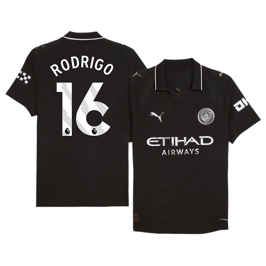 RODRIGO #16 Hiteles Manchester City Idegenbeli Soccer Mez 2025/26 Fekete