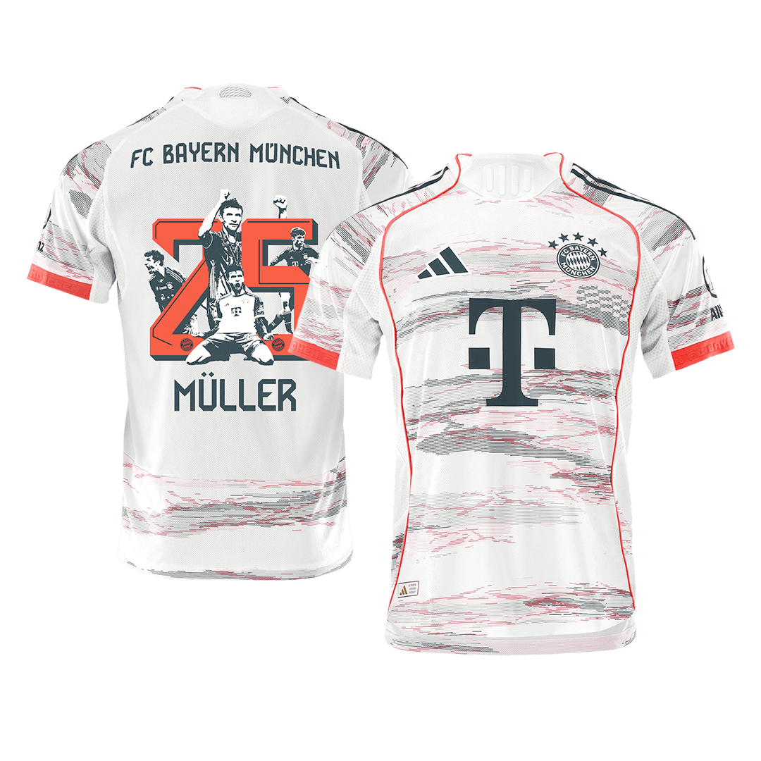 MÜLLER Special #25 Hiteles Bayern Munich Idegenbeli Soccer Mez 2025/26 Fehér