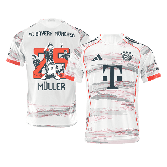 MÜLLER Special #25 Hiteles Bayern Munich Idegenbeli Soccer Mez 2025/26 Fehér