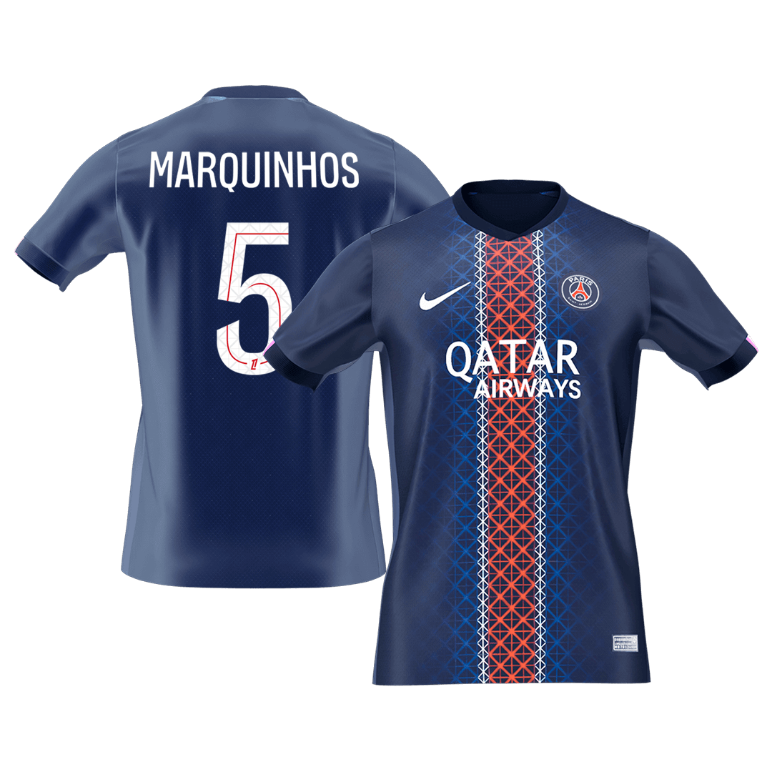 【Szuper Jó Minőségű】MARQUINHOS #5 PSG Otthon Soccer Mez 2025/26 Haditengerészet