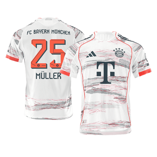 MÜLLER #25 Hiteles Bayern Munich Idegenbeli Soccer Mez 2025/26 Fehér